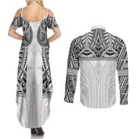 Samoan Traditional Art Tattoos Couples Matching Summer Maxi Dress and Long Sleeve Button Shirt Tatau Tribal Motifs with Ula Nifo White - Polynesian Pride
