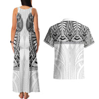 Samoan Traditional Art Tattoos Couples Matching Tank Maxi Dress and Hawaiian Shirt Tatau Tribal Motifs with Ula Nifo White - Polynesian Pride