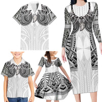 Samoan Traditional Art Tattoos Family Matching Long Sleeve Bodycon Dress and Hawaiian Shirt Tatau Tribal Motifs with Ula Nifo White - Polynesian Pride