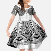 Samoan Traditional Art Tattoos Family Matching Off Shoulder Short Dress and Hawaiian Shirt Tatau Tribal Motifs with Ula Nifo White - Polynesian Pride