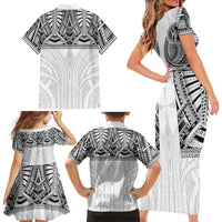 Samoan Traditional Art Tattoos Family Matching Short Sleeve Bodycon Dress and Hawaiian Shirt Tatau Tribal Motifs with Ula Nifo White - Polynesian Pride