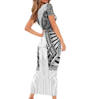 Samoan Traditional Art Tattoos Family Matching Short Sleeve Bodycon Dress and Hawaiian Shirt Tatau Tribal Motifs with Ula Nifo White - Polynesian Pride