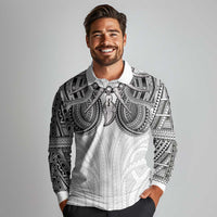 Samoan Traditional Art Tattoos Long Sleeve Polo Shirt Tatau Tribal Motifs with Ula Nifo White - Polynesian Pride