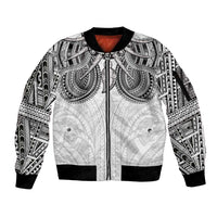 Samoan Traditional Art Tattoos Sleeve Zip Bomber Jacket Tatau Tribal Motifs with Ula Nifo White - Polynesian Pride
