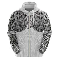 Samoan Traditional Art Tattoos Zip Hoodie Tatau Tribal Motifs with Ula Nifo White - Polynesian Pride