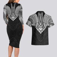 Samoan Traditional Art Tattoos Couples Matching Long Sleeve Bodycon Dress and Hawaiian Shirt Tatau Roman Reigns Black Color - Polynesian Pride
