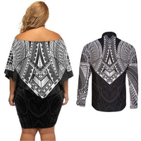 Samoan Traditional Art Tattoos Couples Matching Off Shoulder Short Dress and Long Sleeve Button Shirt Tatau Roman Reigns Black Color - Polynesian Pride