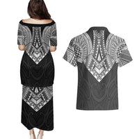 Samoan Traditional Art Tattoos Couples Matching Puletasi and Hawaiian Shirt Tatau Roman Reigns Black Color - Polynesian Pride