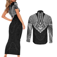 Samoan Traditional Art Tattoos Couples Matching Short Sleeve Bodycon Dress and Long Sleeve Button Shirt Tatau Roman Reigns Black Color LT03 - Polynesian Pride