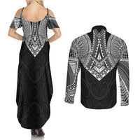 Samoan Traditional Art Tattoos Couples Matching Summer Maxi Dress and Long Sleeve Button Shirt Tatau Roman Reigns Black Color - Polynesian Pride