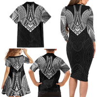 Samoan Traditional Art Tattoos Family Matching Long Sleeve Bodycon Dress and Hawaiian Shirt Tatau Roman Reigns Black Color - Polynesian Pride