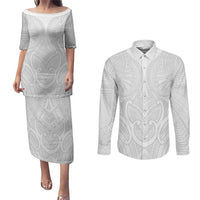 Samoan Traditional Art Tattoos Couples Matching Puletasi and Long Sleeve Button Shirt Tatau Roman Reigns White Color - Polynesian Pride