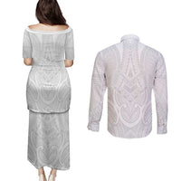 Samoan Traditional Art Tattoos Couples Matching Puletasi and Long Sleeve Button Shirt Tatau Roman Reigns White Color - Polynesian Pride