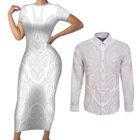 Samoan Traditional Art Tattoos Couples Matching Short Sleeve Bodycon Dress and Long Sleeve Button Shirt Tatau Roman Reigns White Color - Polynesian Pride
