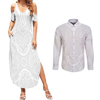 Samoan Traditional Art Tattoos Couples Matching Summer Maxi Dress and Long Sleeve Button Shirt Tatau Roman Reigns White Color - Polynesian Pride