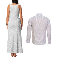 Samoan Traditional Art Tattoos Couples Matching Tank Maxi Dress and Long Sleeve Button Shirt Tatau Roman Reigns White Color - Polynesian Pride