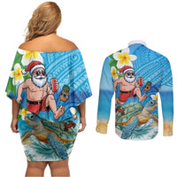 Polynesian Merry Christmas Couples Matching Off Shoulder Short Dress and Long Sleeve Button Shirt Funny Santa with Sea Turtle Beach Plumeria - Polynesian Pride