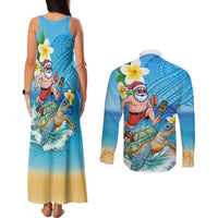 Polynesian Merry Christmas Couples Matching Tank Maxi Dress and Long Sleeve Button Shirt Funny Santa with Sea Turtle Beach Plumeria - Polynesian Pride
