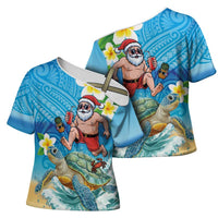 Polynesian Merry Christmas Cross Shoulder Shirt Funny Santa with Sea Turtle Beach Plumeria - Polynesian Pride