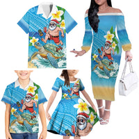 Polynesian Merry Christmas Family Matching Off The Shoulder Long Sleeve Dress and Hawaiian Shirt Funny Santa with Sea Turtle Beach Plumeria - Polynesian Pride