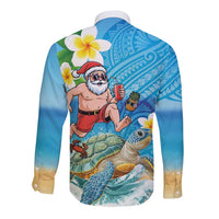 Polynesian Merry Christmas Long Sleeve Button Shirt Funny Santa with Sea Turtle Beach Plumeria - Polynesian Pride
