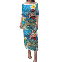 Polynesian Merry Christmas Puletasi Funny Santa with Sea Turtle Beach Plumeria LT03 Long Dress Multicolor - Polynesian Pride