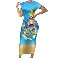 Polynesian Merry Christmas Short Sleeve Bodycon Dress Funny Santa with Sea Turtle Beach Plumeria LT03 Long Dress Multicolor - Polynesian Pride