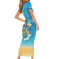 Polynesian Merry Christmas Short Sleeve Bodycon Dress Funny Santa with Sea Turtle Beach Plumeria - Polynesian Pride