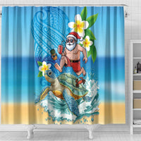 Polynesian Merry Christmas Shower Curtain Funny Santa with Sea Turtle Beach Plumeria - Polynesian Pride