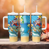 Polynesian Merry Christmas Tumbler With Handle Funny Santa with Sea Turtle Beach Plumeria - Polynesian Pride