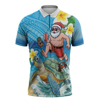 Polynesian Merry Christmas Zipper Polo Shirt Funny Santa with Sea Turtle Beach Plumeria - Polynesian Pride