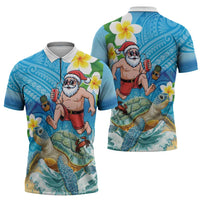Polynesian Merry Christmas Zipper Polo Shirt Funny Santa with Sea Turtle Beach Plumeria - Polynesian Pride