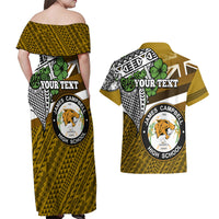 Hawaii James Campbell High School Couples Matching Off Shoulder Maxi Dress and Hawaiian Shirt Kakau Pattern Gold Color Version LT03 - Polynesian Pride