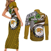 Hawaii James Campbell High School Couples Matching Short Sleeve Bodycon Dress and Long Sleeve Button Shirt Kakau Pattern Gold Color Version LT03 - Polynesian Pride