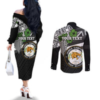 Hawaii James Campbell High School Couples Matching Off The Shoulder Long Sleeve Dress and Long Sleeve Button Shirt Kakau Pattern Black Version LT03 - Polynesian Pride