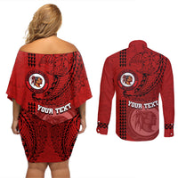Hawaii Kahuku High & Intermediate School Couples Matching Off Shoulder Short Dress and Long Sleeve Button Shirt Tribal Kakau Pattern LT03 - Polynesian Pride