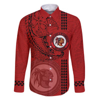 Hawaii Kahuku High & Intermediate School Family Matching Off Shoulder Short Dress and Hawaiian Shirt Tribal Kakau Pattern LT03 Dad's Shirt - Long Sleeve Red - Polynesian Pride