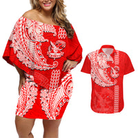 Hawaii Kalani High School Couples Matching Off Shoulder Short Dress and Hawaiian Shirt Tribal Kakau Pattern LT03 Red - Polynesian Pride