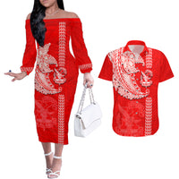 Hawaii Kalani High School Couples Matching Off The Shoulder Long Sleeve Dress and Hawaiian Shirt Tribal Kakau Pattern LT03 Red - Polynesian Pride