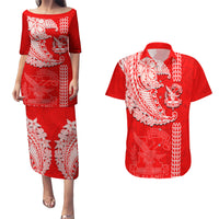 Hawaii Kalani High School Couples Matching Puletasi Dress and Hawaiian Shirt Tribal Kakau Pattern LT03 Red - Polynesian Pride