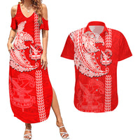 Hawaii Kalani High School Couples Matching Summer Maxi Dress and Hawaiian Shirt Tribal Kakau Pattern LT03 Red - Polynesian Pride