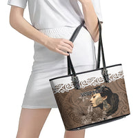 Custom New Zealand Womens Day Leather Tote Bag Traditional Maori Woman Polynesian Pattern Brown Color LT03 - Polynesian Pride