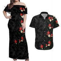 Hawaiian Taro Leaves-Hibiscus and Plumeria Couples Matching Off Shoulder Maxi Dress and Hawaiian Shirt Floral Tribal Tattoo Motif