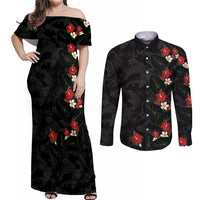 Hawaiian Taro Leaves-Hibiscus and Plumeria Couples Matching Off Shoulder Maxi Dress and Long Sleeve Button Shirt Floral Tribal Tattoo Motif