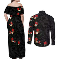 Hawaiian Taro Leaves-Hibiscus and Plumeria Couples Matching Off Shoulder Maxi Dress and Long Sleeve Button Shirt Floral Tribal Tattoo Motif