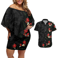 Hawaiian Taro Leaves-Hibiscus and Plumeria Couples Matching Off Shoulder Short Dress and Hawaiian Shirt Floral Tribal Tattoo Motif LT03 Black - Polynesian Pride
