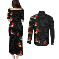 Hawaiian Taro Leaves-Hibiscus and Plumeria Couples Matching Puletasi and Long Sleeve Button Shirt Floral Tribal Tattoo Motif