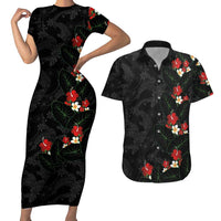 Hawaiian Taro Leaves-Hibiscus and Plumeria Couples Matching Short Sleeve Bodycon Dress and Hawaiian Shirt Floral Tribal Tattoo Motif