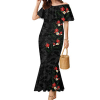 Hawaiian Taro Leaves-Hibiscus and Plumeria Family Matching Mermaid Dress and Hawaiian Shirt Floral Tribal Tattoo Motif LT03 Mom's Dress Black - Polynesian Pride