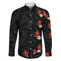 Hawaiian Taro Leaves-Hibiscus and Plumeria Family Matching Off The Shoulder Long Sleeve Dress and Hawaiian Shirt Floral Tribal Tattoo Motif LT03 Dad's Shirt - Long Sleeve Black - Polynesian Pride